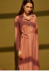 Long Sleeve Silk Midi Dress with V-Neckline, Waist Tie, Side Slits, and Button Front Detail