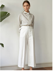 High-Waisted Wide-Leg Linen Pants with Belted Waistband and Tailored Pleats for Women