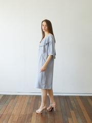 Linen Midi Dress with Ruffle Details and Puff Sleeves – Soft Flowy Women's Summer Dress