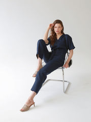 V-Neck Belted Wide-Leg Linen Jumpsuit with Short Sleeves