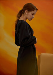 Women's Linen Button-Down Midi Dress with Long Sleeves and Waist Tie for Timeless Style