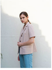Short Sleeve Tailored Linen Blouse with Notched Lapel and Button Front Closure