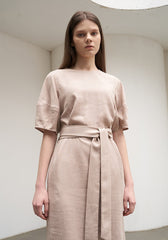 Women's Belted Linen Midi Dress – Short Wide Sleeve Dress with Side Slit and V-Back