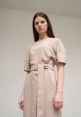 Women's Belted Linen Midi Dress – Short Wide Sleeve Dress with Side Slit and V-Back