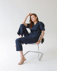 V-Neck Belted Wide-Leg Linen Jumpsuit with Short Sleeves