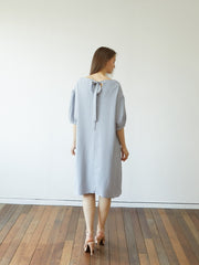 Linen Midi Dress with Ruffle Details and Puff Sleeves – Soft Flowy Women's Summer Dress