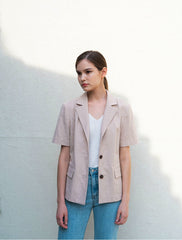 Short Sleeve Tailored Linen Blouse with Notched Lapel and Button Front Closure