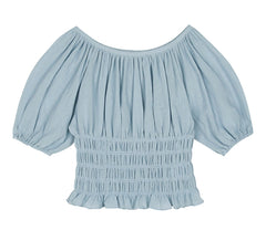 Puff Sleeve Shirred Linen Blouse with Stretch Waist and Ruffle Hem for Flattering Fit