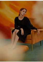 Women's Linen Button-Down Midi Dress with Long Sleeves and Waist Tie for Timeless Style