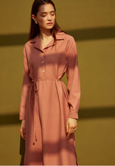Long Sleeve Silk Midi Dress with V-Neckline, Waist Tie, Side Slits, and Button Front Detail