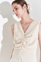 Sleeveless Linen Midi Dress for Women with V-Neckline and Draped Waist Detail – Flared Skirt