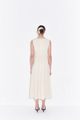 Sleeveless Linen Midi Dress for Women with V-Neckline and Draped Waist Detail – Flared Skirt