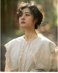 Vestido largo con mangas de obispo y cuello capa puritano de lino y algodón de Judith