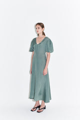 Silk Midi Dress for Women with Puff Short Sleeves and Scoop Neckline – Flared Skirt and Tailored Fit