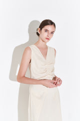 Sleeveless Linen Midi Dress for Women with V-Neckline and Draped Waist Detail – Flared Skirt