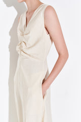 Sleeveless Linen Midi Dress for Women with V-Neckline and Draped Waist Detail – Flared Skirt