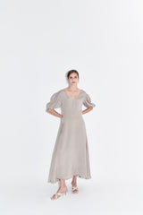 Silk Midi Dress for Women with Puff Sleeves and Scoop Neckline – Flared Hem and Elegant Fit