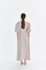 Silk Midi Dress for Women with Puff Sleeves and Scoop Neckline – Flared Hem and Elegant Fit