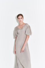 Silk Midi Dress for Women with Puff Sleeves and Scoop Neckline – Flared Hem and Elegant Fit