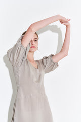 Silk Midi Dress for Women with Puff Sleeves and Scoop Neckline – Flared Hem and Elegant Fit