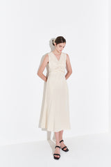 Sleeveless Linen Midi Dress for Women with V-Neckline and Draped Waist Detail – Flared Skirt