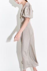 Silk Midi Dress for Women with Puff Sleeves and Scoop Neckline – Flared Hem and Elegant Fit