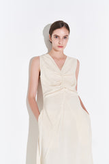 Sleeveless Linen Midi Dress for Women with V-Neckline and Draped Waist Detail – Flared Skirt