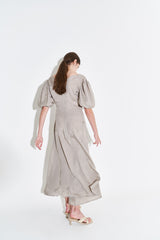 Silk Midi Dress for Women with Puff Sleeves and Scoop Neckline – Flared Hem and Elegant Fit