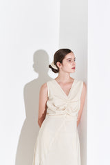 Sleeveless Linen Midi Dress for Women with V-Neckline and Draped Waist Detail – Flared Skirt