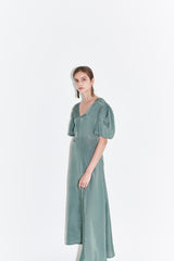 Silk Midi Dress for Women with Puff Short Sleeves and Scoop Neckline – Flared Skirt and Tailored Fit