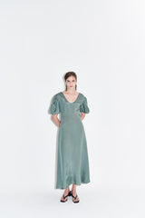 Silk Midi Dress for Women with Puff Short Sleeves and Scoop Neckline – Flared Skirt and Tailored Fit