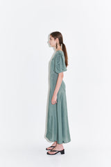 Silk Midi Dress for Women with Puff Short Sleeves and Scoop Neckline – Flared Skirt and Tailored Fit