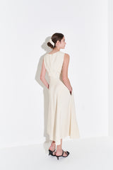 Sleeveless Linen Midi Dress for Women with V-Neckline and Draped Waist Detail – Flared Skirt