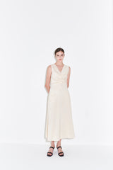 Sleeveless Linen Midi Dress for Women with V-Neckline and Draped Waist Detail – Flared Skirt