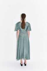 Silk Midi Dress for Women with Puff Short Sleeves and Scoop Neckline – Flared Skirt and Tailored Fit