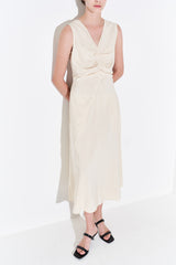 Sleeveless Linen Midi Dress for Women with V-Neckline and Draped Waist Detail – Flared Skirt