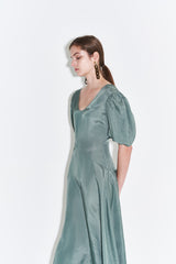 Silk Midi Dress for Women with Puff Short Sleeves and Scoop Neckline – Flared Skirt and Tailored Fit