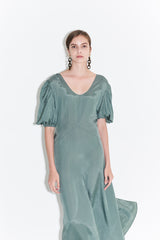 Silk Midi Dress for Women with Puff Short Sleeves and Scoop Neckline – Flared Skirt and Tailored Fit