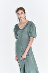 Silk Midi Dress for Women with Puff Short Sleeves and Scoop Neckline – Flared Skirt and Tailored Fit