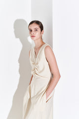 Sleeveless Linen Midi Dress for Women with V-Neckline and Draped Waist Detail – Flared Skirt