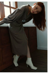 Elegant Wrap-Style Linen Dress with Puff Sleeves and Midi Length