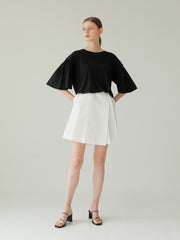 Relaxed Fit Cotton Top with Gathered Sleeves and Soft Round Neckline for Effortless Styling