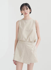 Wrap-Front Linen Short Skirt with Hidden Inner Shorts and Tailored Waistband Detail