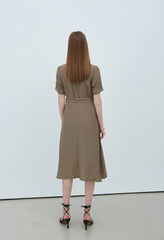 Elegant Short Sleeve Button-Front Linen Dress with Waist Tie and Flared Midi Hemline