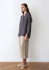 Women's Long Sleeve Linen Blouse – Wide Collar Pullover Top with Relaxed Silhouette and Soft Drape