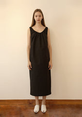 Sleeveless V-Neck Linen Midi Dress with Gathered Neckline and Relaxed Silhouette