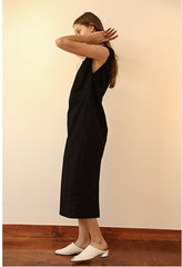 Sleeveless V-Neck Linen Midi Dress with Gathered Neckline and Relaxed Silhouette