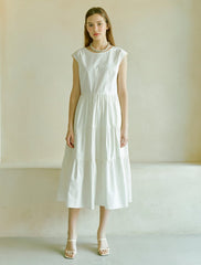 Midi Cotton Poplin Dress with Short Sleeves and Flared Hem for Timeless Everyday Elegance