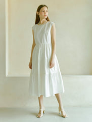 Midi Cotton Poplin Dress with Short Sleeves and Flared Hem for Timeless Everyday Elegance