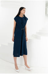 Sleeveless Asymmetric Midi Dress in Lightweight Linen with Draped Front Detail